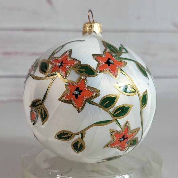 Authentic European Glass Pointsettia Ornament Hand Painted Sparkle Floral VTG - Picture 3 of 8